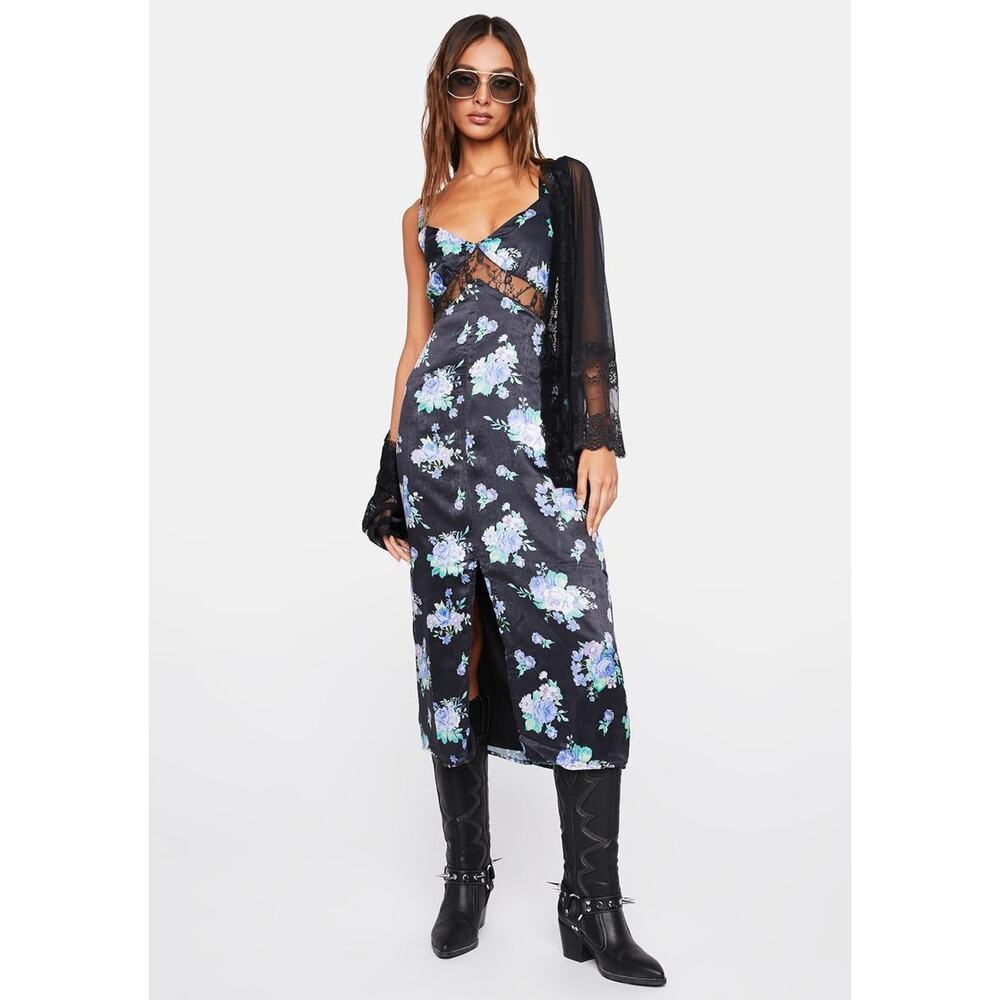 WEWOREWHAT Womens Slip Midi Dress S Black Floral Lace Trim‎ V Neck Front Slit